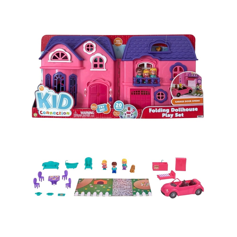 Kid Connection Folding Dollhouse Play Set 20 Pieces Light Sound Car Figures NEW